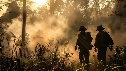 Two rangers walk through a misty forest at sunset