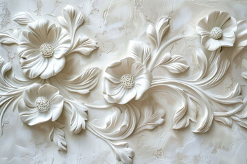 Wall Mural - Elegant white floral relief sculpture on a textured background, showcasing detailed craftsmanship in 3D floral design.