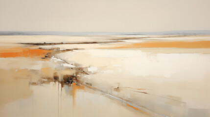 Poster - A minimalist landscape painting featuring a light, airy palette of beige, brown, and orange hues