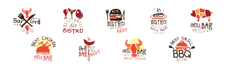 Wall Mural - Grill Food Bistro Logo and Label Design Template Vector Set