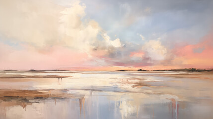 Wall Mural - This is a minimalist painting of a coastal sunset