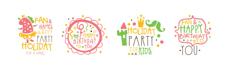 Wall Mural - Kids Birthday and Holiday Party Entertainment Promo Signs Vector Set