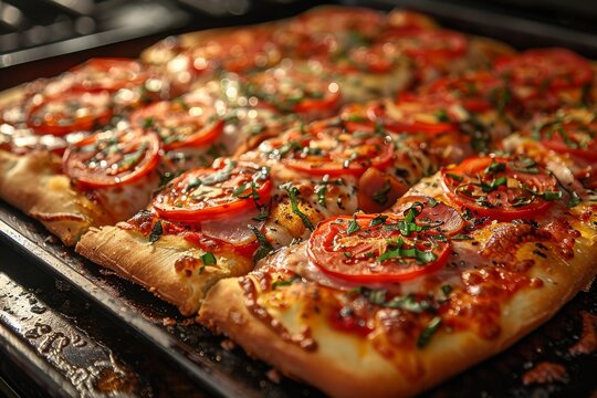 Image showcases a homemade pizza with ripe tomato slices and fresh basil on a crunchy crust, right out of the oven