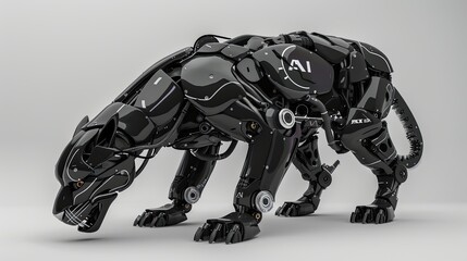 Wall Mural - A black panther with metal stripes made of metal and wires, AI written on the body