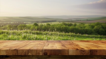 Wall Mural - Wooden countertop against a background of a green field for product presentation. Mockup of empty table top with summer outdoor scenery. A simple picnic board.