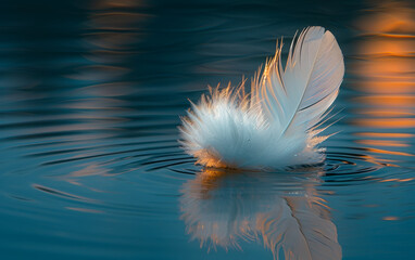 White feather floating on the water. A single white feather floating on the water