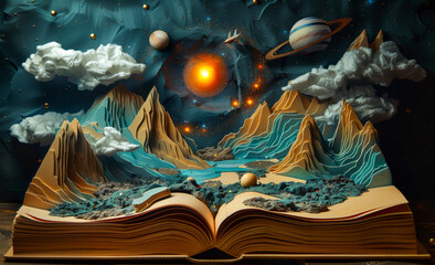 Wall Mural - mountain landscape with valley stars and planets