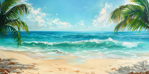 Wall Mural - A beautiful painting of a beach with palm trees and a blue ocean