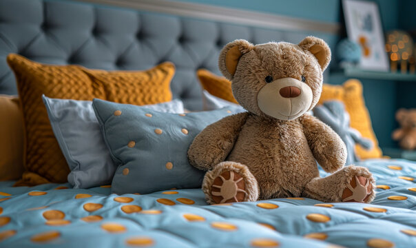 Teddy bear sitting on the bed in the bedroom