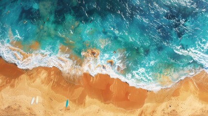 Wall Mural - A beautiful ocean view with a sandy beach and surfers in the water