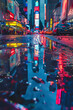 © grey - A puddle with reflection of a street of a city at night, vibrant, highly detailed
