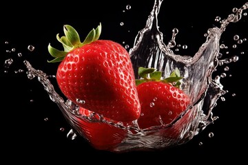 Wall Mural - Two ripe strawberries with a dynamic water splash isolated on a dark background