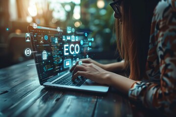 Wall Mural - Person working on laptop surrounded by numerous icons