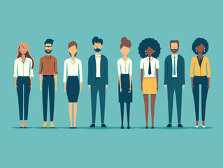 Wall Mural - Diverse group cartoon business professionals standing together. Multiethnic male female characters, corporate team, workplace diversity. Flat design vector illustration office workers, formal