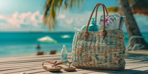 Wall Mural - A beach scene with a wicker bag and a bottle of sunscreen