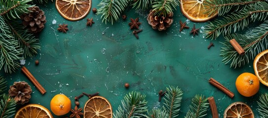 Wall Mural - Christmas concept. Top view photo of dried orange slices anise cinnamon sticks pine cones mistletoe berries and spruce branches in frost on isolated green background with copyspace in the middle