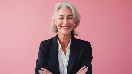 Portrait of sophisticated grey hair woman isolated on pink background