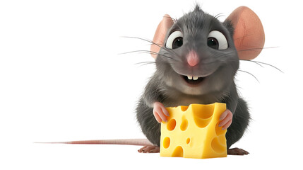 A cartoon mouse holds a big block of cheese