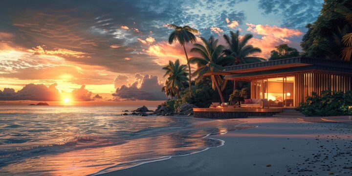 A beautiful beach scene with a house and a palm tree