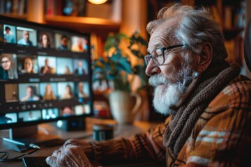 Wall Mural - Elderly male, bearded, glasses, using computer