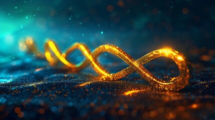 An abstract glowing golden infinity symbol set against a dark blue background with ethereal particles