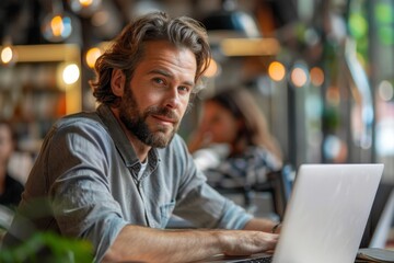 Wall Mural - Man using laptop at table