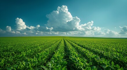 Majestic white cloud over vibrant green maize field under bright afternoon sunlight