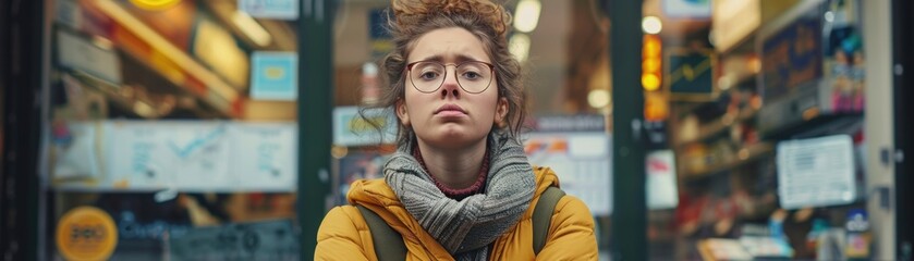 Wall Mural - A woman in a yellow jacket is sitting on the sidewalk in front of a store