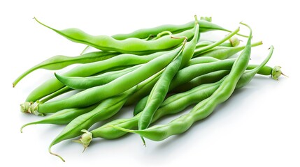 Wall Mural - Fresh green beans in a pile on a white background. Perfect for ingredients in recipes. Close-up view. Ideal for food and nutrition concepts. AI