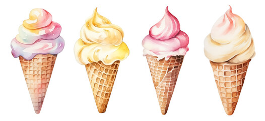 Wall Mural - Watercolor set of ice cream cones with colorful swirled scoops, isolated on white background.