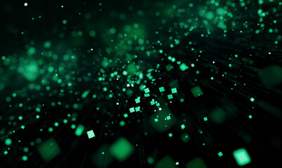 Wall Mural - a dark background with green pixel particles flying around in the center of it, creating an abstract