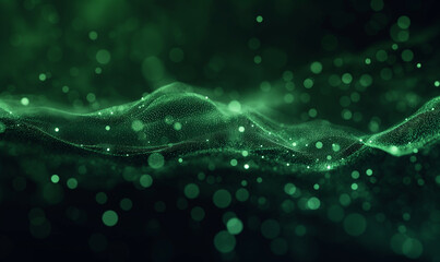 Wall Mural - A dark background with green pixel particles flying around in the center of it, creating an abstract and futuristic visual effect