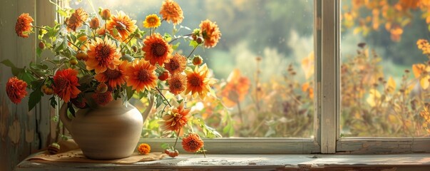 Orange flowers bringing light to a window sill