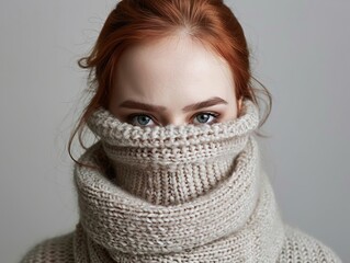 A beautiful young woman with long red hair and blue eyes is wearing a beige turtleneck sweater. The sweater is pulled up over her nose and mouth.