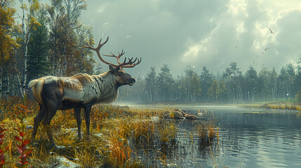 Wall Mural - in a stunning natural setting picture a graceful illustration of reindeer roaming freely