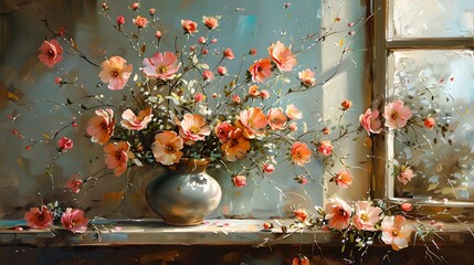 Canvas Print - Beautiful vase with flowers on a windowsill. Sunlight pouring through the window. Artistic, calm style. AI