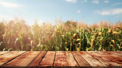 Wall Mural - Wooden countertop against a background of a farm with a corn field.. Empty outdoor tabletop mockup for product presentation.