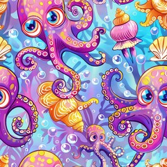 Wall Mural - A playful underwater pattern featuring cartoonish octopuses and squid with bubbles and seashells. The octopuses have large, expressive eyes and colorful tentacles, and the squid have swirling