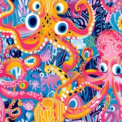 Wall Mural - A playful underwater pattern featuring cartoonish octopuses and squid, performing a synchronized swimming routine. The octopuses have large, expressive eyes and colorful tentacles, and the squid have