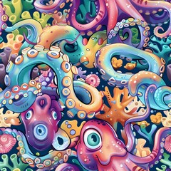 Wall Mural - A playful underwater pattern featuring cartoonish octopuses and squid, riding a coral reef like a rollercoaster. The octopuses have large, expressive eyes and colorful tentacles, and the squid have
