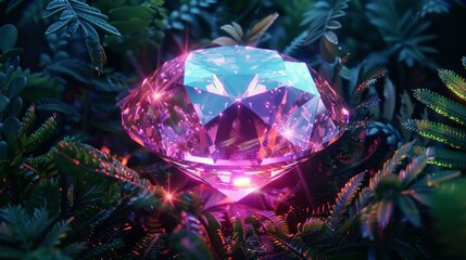 Sticker - A gleaming neon diamond glowing brightly amidst a dense forest