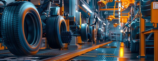 Tires on the production line in a car factory. Robot arms doing product work. A futuristic background with orange and blue lighting