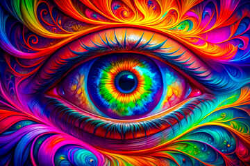  Vibrant Macro Digital Art: A Close-Up of a Neon Eye Amidst a Kaleidoscopic Spectrum of Colors