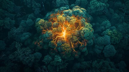 Wall Mural - neon tree amidst a dense forest, viewed from above of vibrant green and neon orange