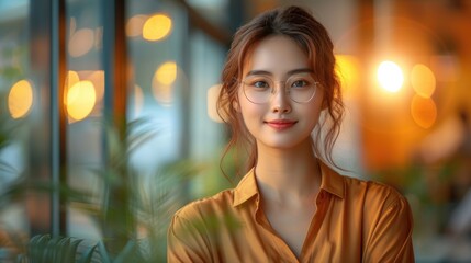 Wall Mural - A young woman with long brown hair and glasses is smiling. She is wearing a brown shirt and is standing in front of a window.