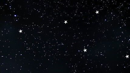 Wall Mural - View of the night sky with stars and snowflakes, black background postcard