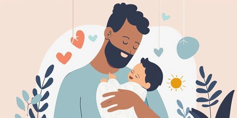 happy father's day. bearded man holding a baby in his arms. vector illustration in cartoon style.