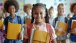© Ajay - Portrait of smiling schoolgirl holding books and looking at camera.