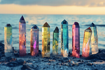 Colorful crystals in natural sea beach background.