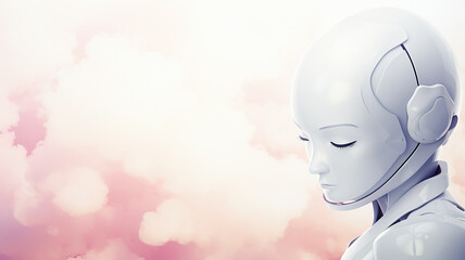 Wall Mural - A white futuristic robot on a background of pastel pink watercolor clouds